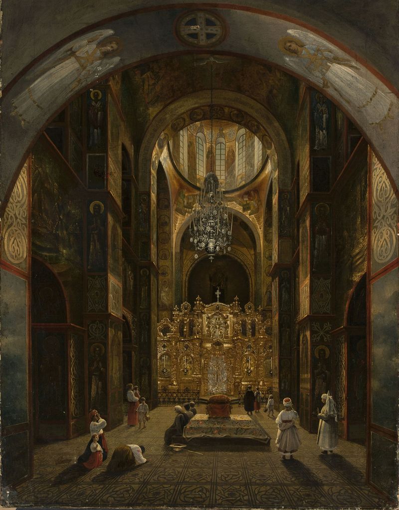 Interior da Catedral de Santa Sofia em Kiev, óleo sobre tela de Mikhail Makarovich Sazhin