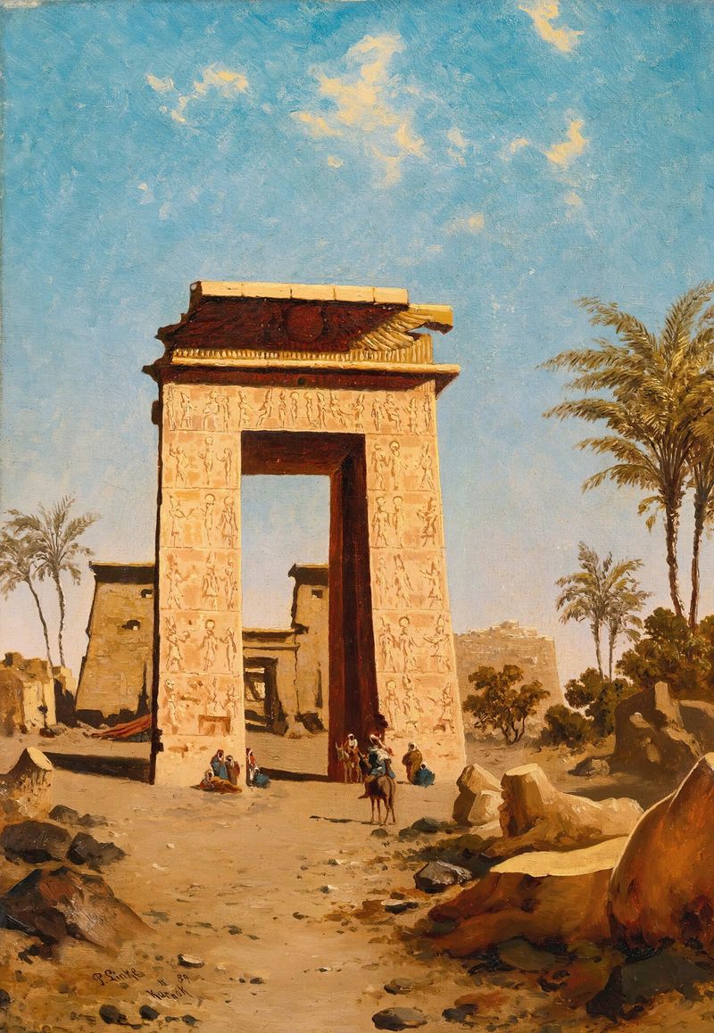 The South Gate, Karnak de Paul Rudolf Linke, retratando um antigo portão de pedra, pintura a óleo
