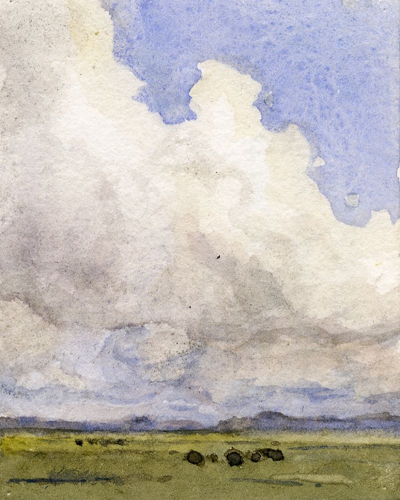 Landscape with swirling clouds and fields in muted colors, oil painting by Frans Smissaert