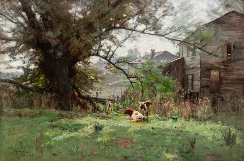 Morning light over a mill in an oil painting by Theodore Clement Steele