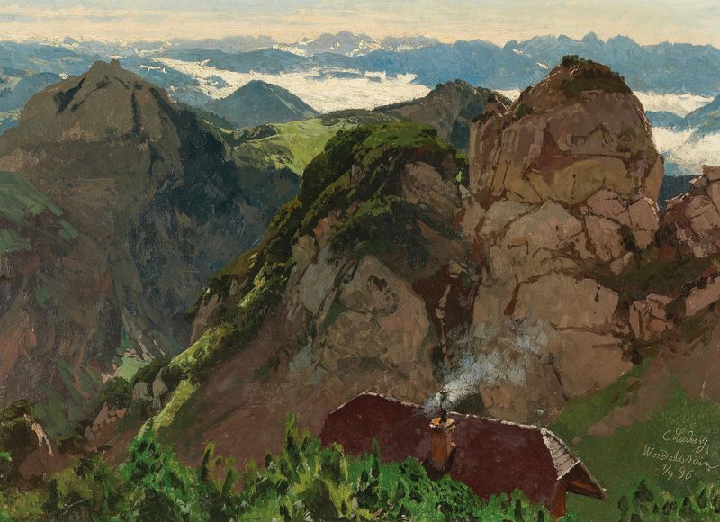 Wendelstein de Carl Julius Emil Ludwig, óleo sobre tela representando montanhas e um vale