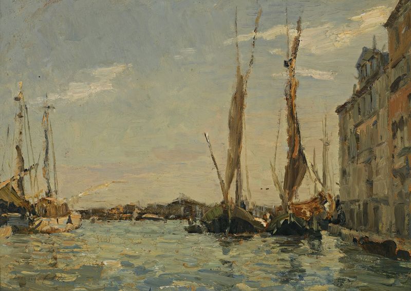 Sailing Boats, Venice by Emma Ciardi, oil painting depicting boats on water with reflections.