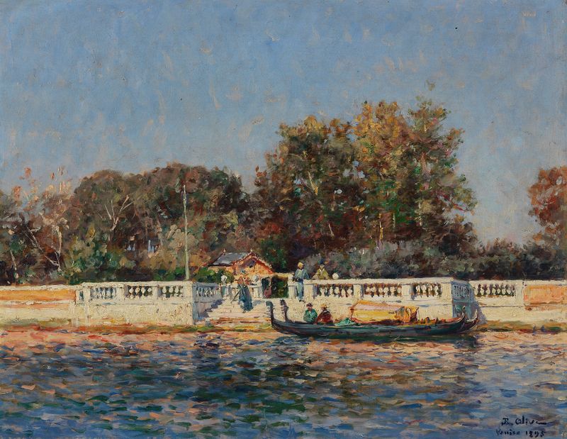 Landscape of a park with canal and foliage, oil painting by Jean-Baptiste Olive