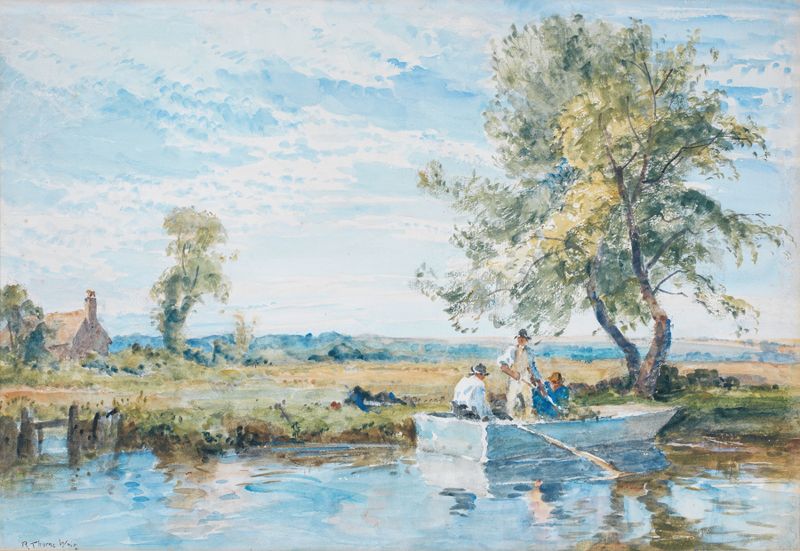 Marine scene with figures in a boat, Robert Thorne Waite, oil painting