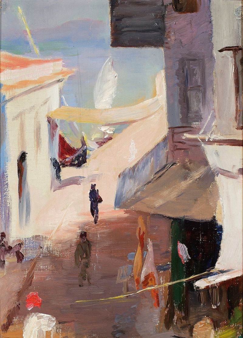Callejón no porto de Jan Ciągliński, óleo sobre tela, com luz dourada e paralelepípedos