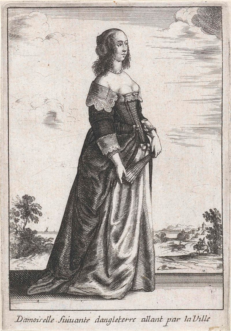 Gravura figurativa de artista desconhecido retratando uma mulher em traje de seda.