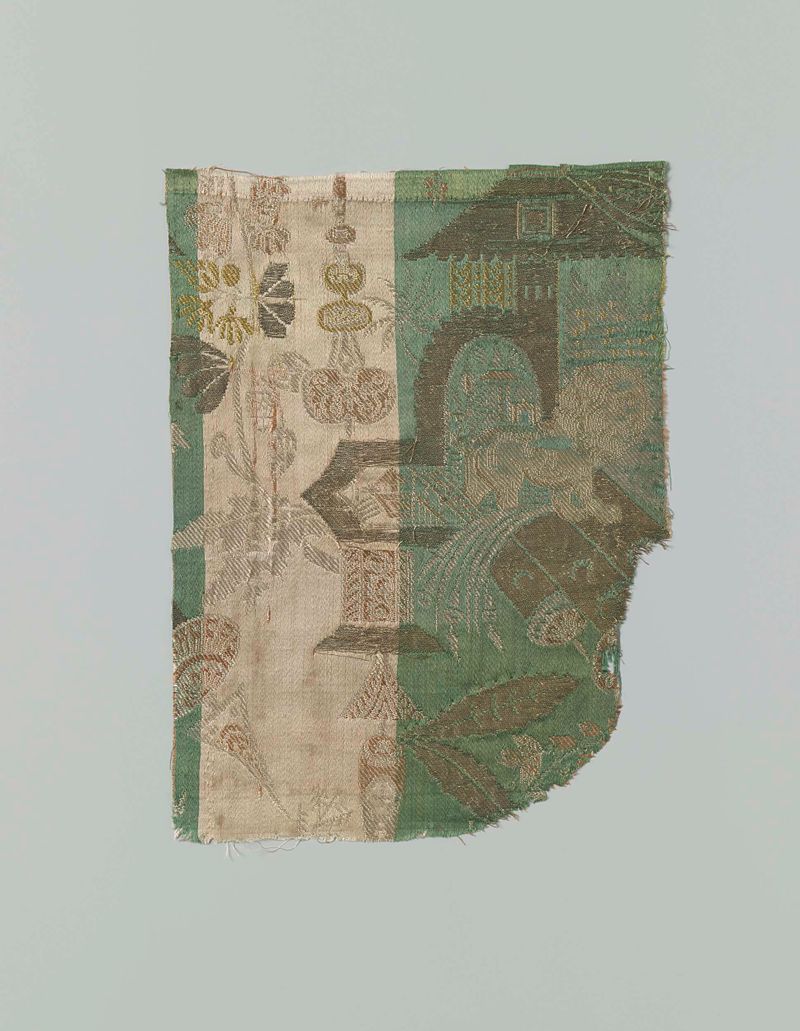 Fragment bizarre zijde, brocado de Unknown Artist com padrões e cores intrincadas