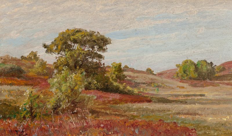 Arbustos de huckleberry en un paisaje de William Trost Richards, pintura al óleo