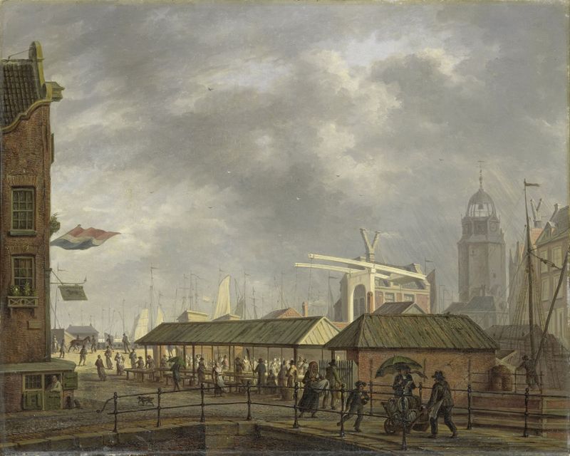 Oil painting by Johannes Jelgerhuis depicting a bustling fish market in Amsterdam