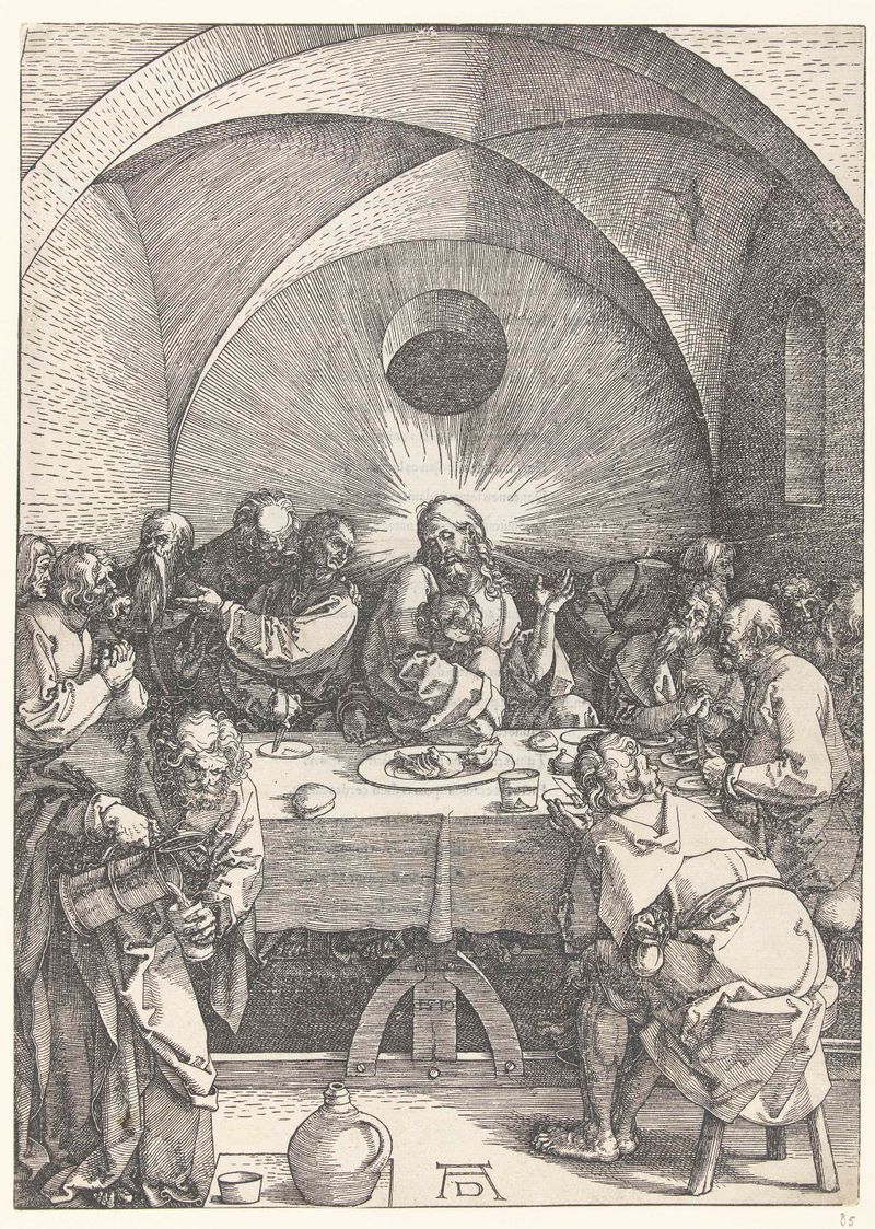 Grabado Laatste Avondmaal de Albrecht Dürer mostrando a los discípulos reunidos alrededor de una mesa