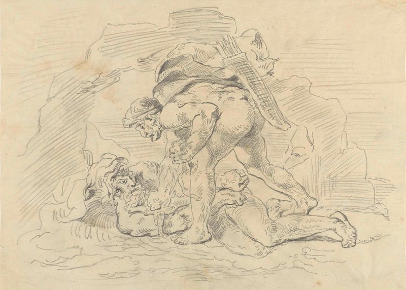 Hercules boeit Nereus, paper work by Eugène Delacroix, depicting Hercules grappling with Nereus.