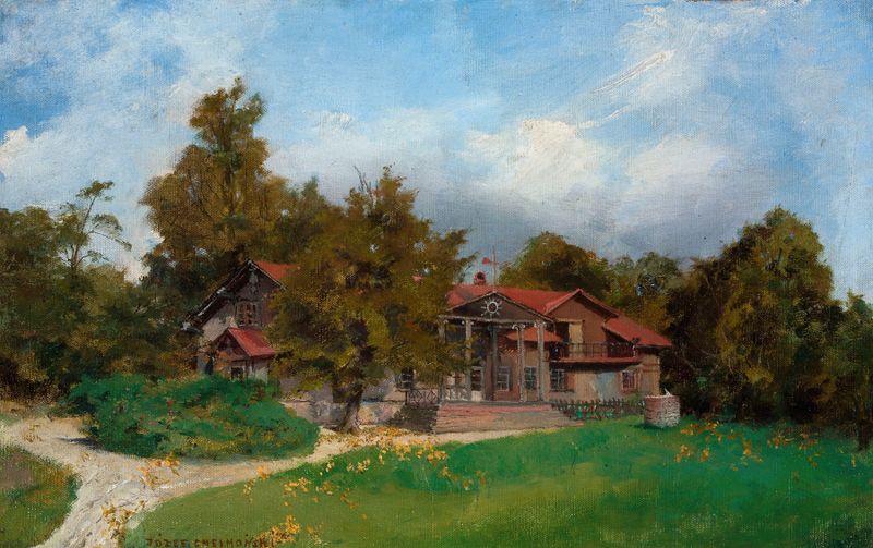 Villa no jardim de Jozef Chelmonski, retratando uma villa cercada por vegetação, pintura a óleo