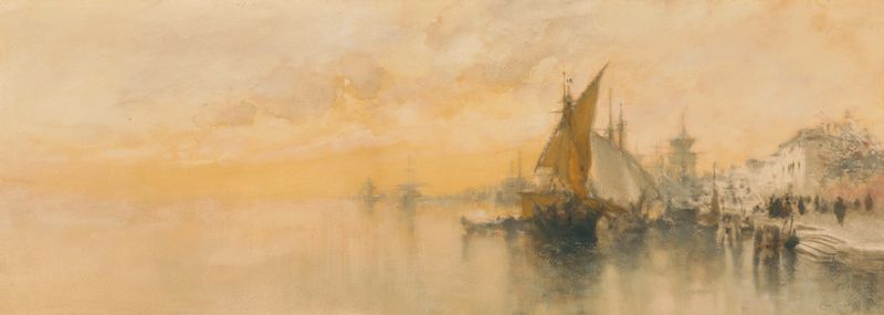 Paisagem veneziana com reflexos do pôr do sol na água, pintura a óleo de Clara Montalba