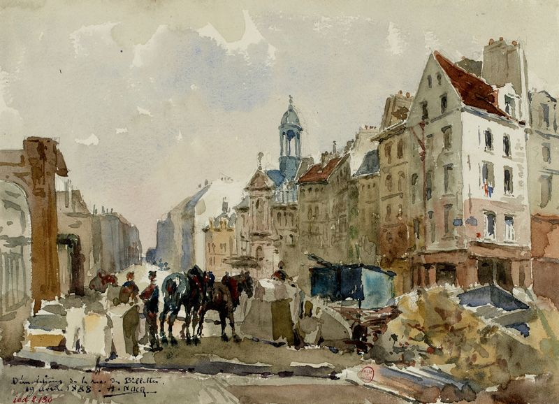 Démolition de la rue des Billettes by Henry Eugène Nocq, impressionism, depicting workers amidst urban chaos