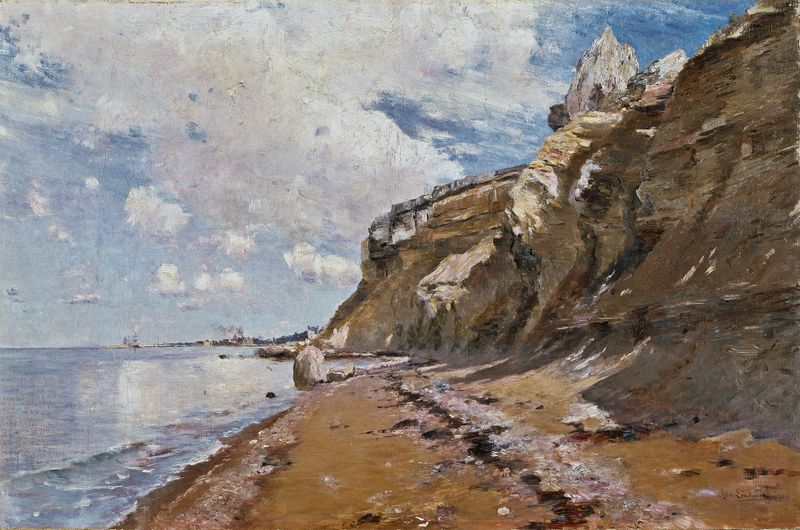 Serene shore scene with gentle waves, oil on canvas by Axel Lindman