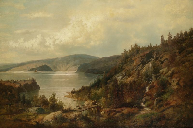 A Velha Ponte de Hermann Ottomar Herzog, pintura a óleo que retrata uma paisagem serena.