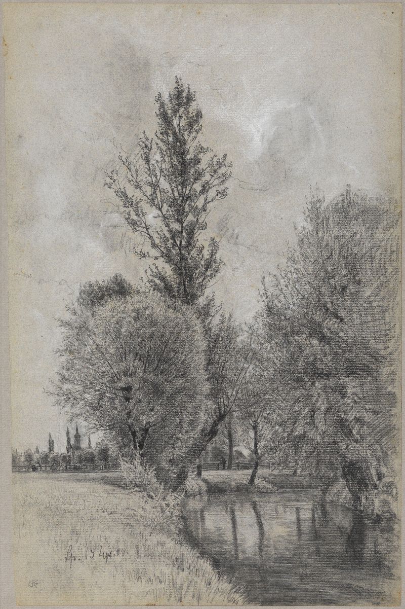 Paisagem com vegetação exuberante e um rio de Gustav Kampmann, óleo sobre tela