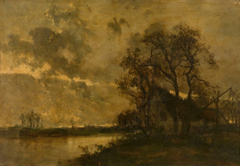 Paisaje de Johan Barthold Jongkind, óleo sobre lienzo, que representa campos bajo un cielo cerúleo.