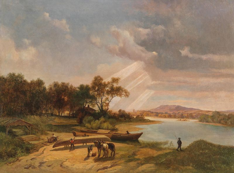 Boatbuilders on the Riverbank by Ignaz Raffalt, depicting craftsmen by the river in oil painting