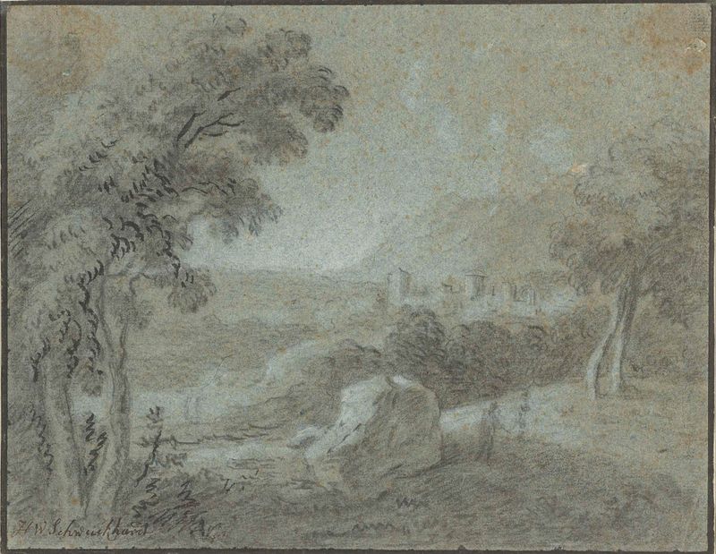 Landscape with hills and a distant city, oil on canvas by Hendrik Willem Schweickhardt
