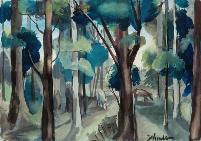 Forest Scene de Forrest Flower, expressionismo, retratando um bosque vibrante cercado por sombras.