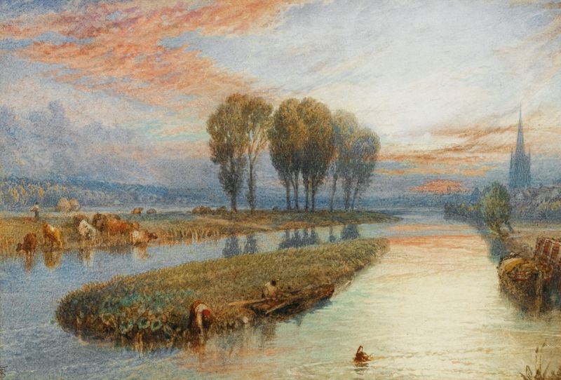 Reed Gatherers de Myles Birket Foster, figuras entre juncos exuberantes en un medio desconocido.