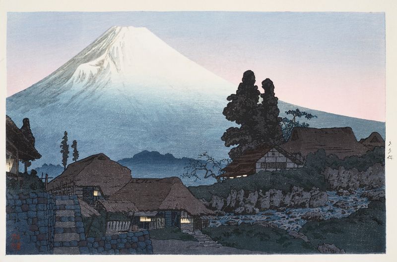 Color woodblock print of Mount Fuji by Takahashi Hiroaki, depicting a serene dawn landscape.