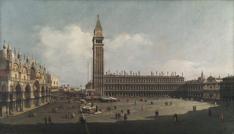 Piazza San Marco, Veneza de Bernardo Bellotto, óleo sobre tela, com o Campanile e uma multidão animada.