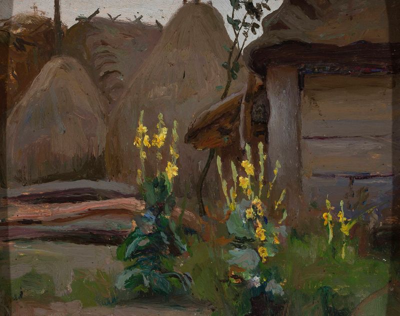 Landscape study by Stanisław Straszkiewicz, depicting mullein plants and a cottage, impressionism