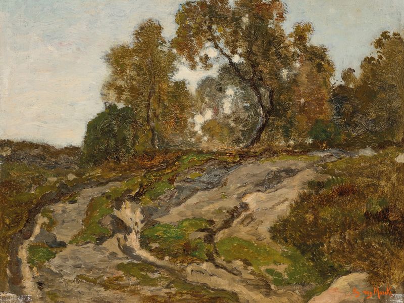 Paysage boisé de Émile van Marcke, óleo sobre tela que retrata uma densa floresta com luz e sombra intrincadas.