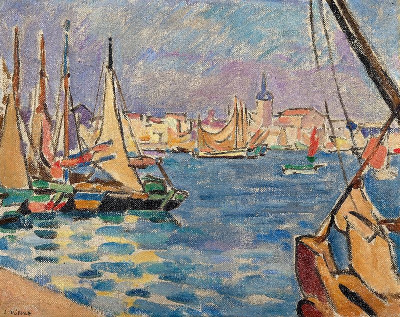 Les Sables d’Olonne de Louis Valtat, óleo sobre lienzo, que representa un paisaje marino tranquilo al atardecer.