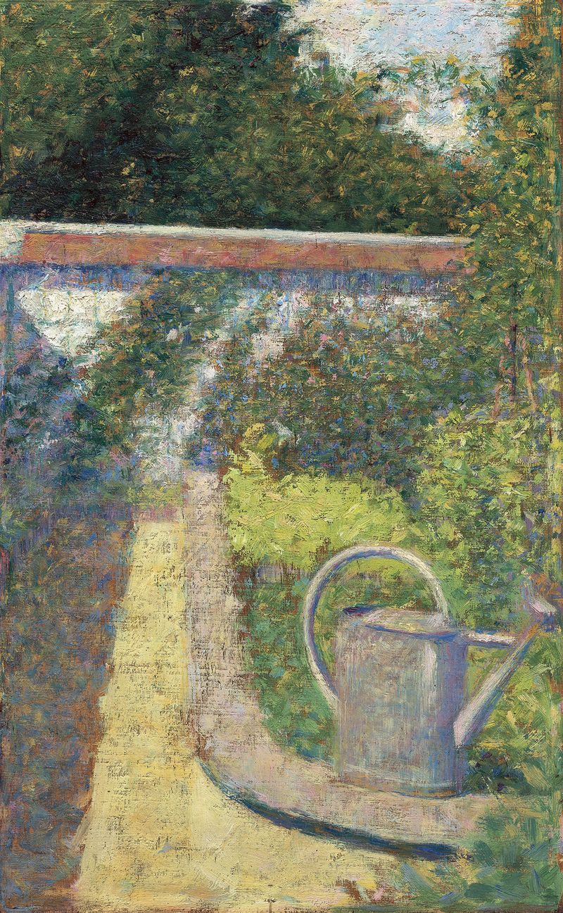 Pintura a óleo de Georges Seurat de uma mulher regando flores em um jardim
