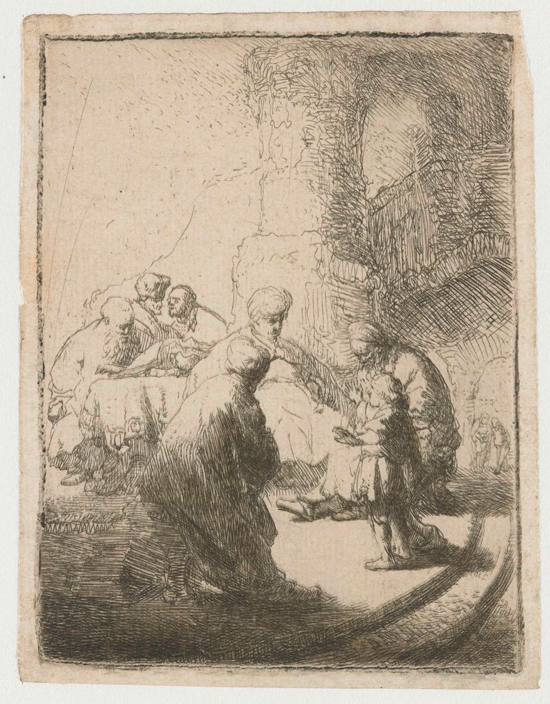 Cristo disputando con los doctores, grabado de Rembrandt van Rijn