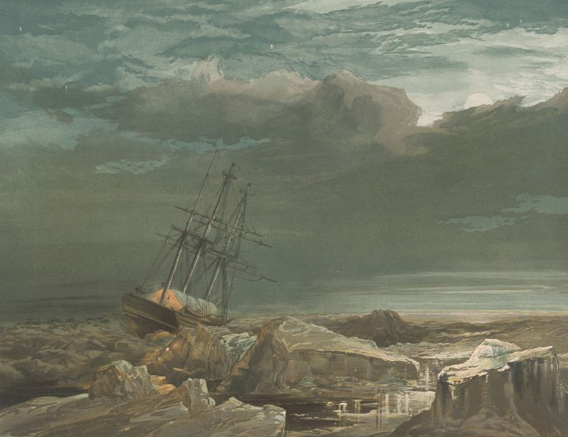 H.M.S. Investigator navigating icy waters, watercolor on paper by Samuel Gurney Cresswell