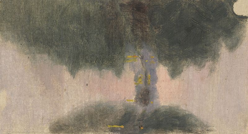 Pintura al óleo impresionista de Jeanne Jegou-Cadart que representa un río al atardecer con reflejos.