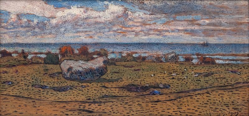 Pedras na praia em uma pintura a óleo de Nils Kreuger