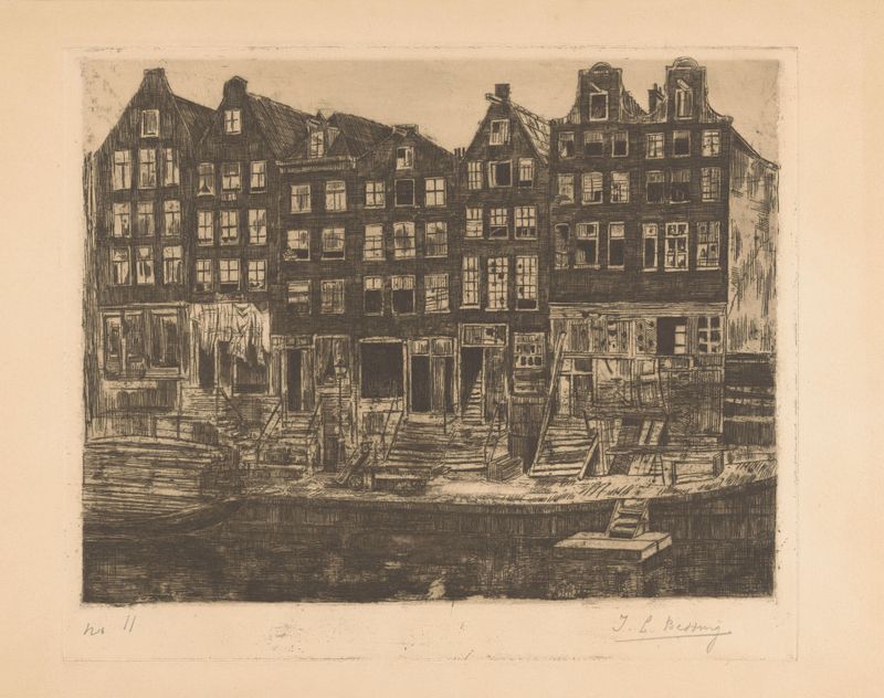 Grachtenpanden by Izaak Leendert Bedding, oil on canvas depicting canal houses and reflections.