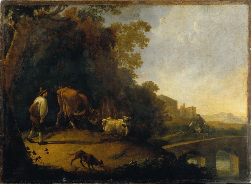 Um homem guiando vacas em uma paisagem, pintura a óleo de artista desconhecido.