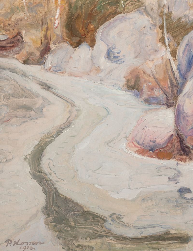Oil on canvas by Pekka Halonen depicting sunlight reflecting on a stream.