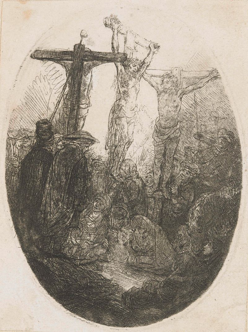 Cristo crucificado entre dos ladrones, grabado de Rembrandt van Rijn
