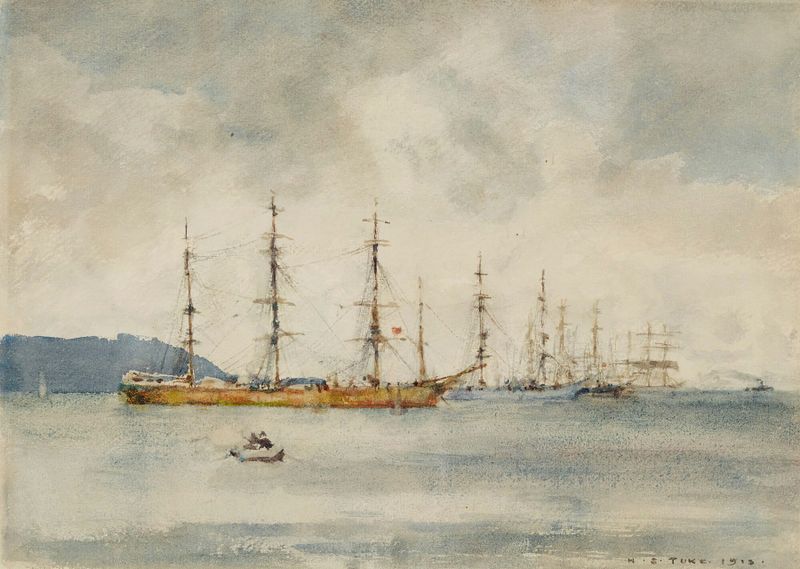 Oil painting by Henry Scott Tuke depicting windjammers in Falmouth Harbour