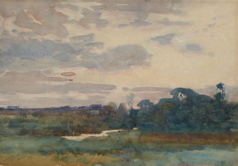 Evening de James Nair, óleo sobre lienzo que representa un paisaje al atardecer con colores vibrantes.