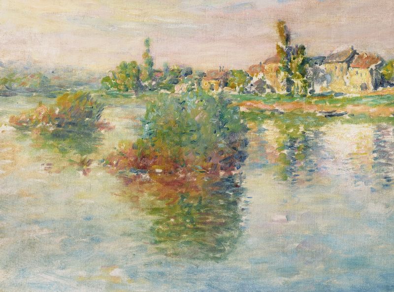 La Seine à Lavacourt de Claude Monet, pintura al óleo que representa un paisaje fluvial con luz solar y reflejos.