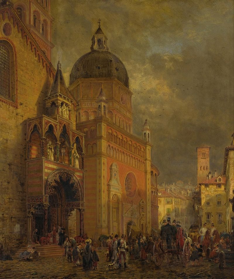 Village Square de Edward Lamson Henry, realismo, representa una escena comunitaria con caminos de adoquines y árboles.