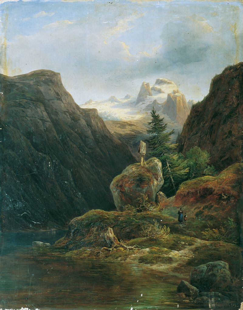 Vorderer Gosausee contra Dachstein de Wilhelm Steinfeld, óleo sobre tela que retrata um lago sereno e montanhas.