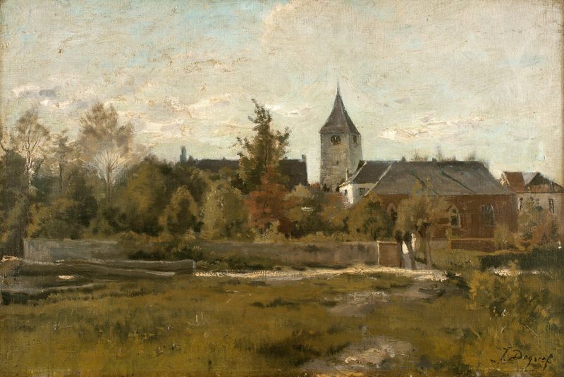 The Village of Woluwé, óleo sobre lienzo de Jean-Baptiste Degreef, que representa un vibrante paisaje de pueblo.