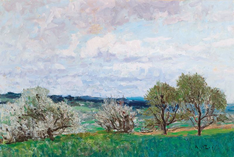 Pintura a óleo de Alfred Zoff retratando árvores em flor em uma paisagem serena