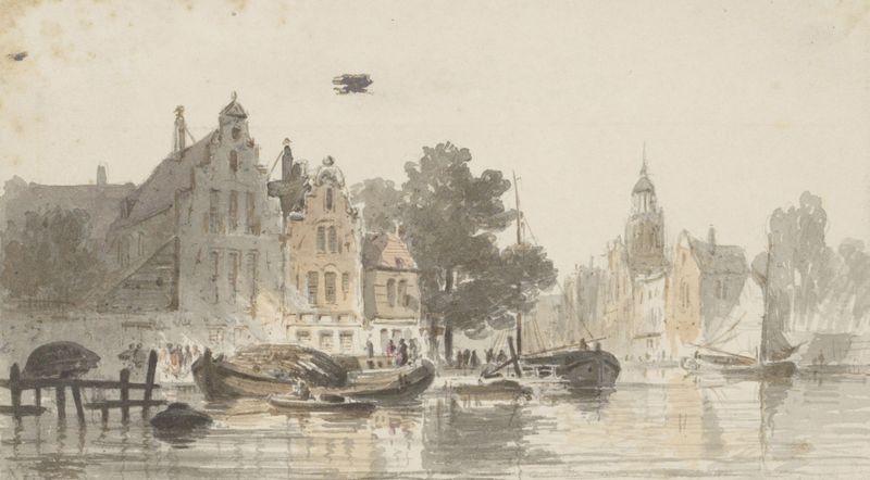 Stadsgezicht met kanaal de Adrianus Eversen, que representa un canal y un paisaje urbano en pintura al óleo.