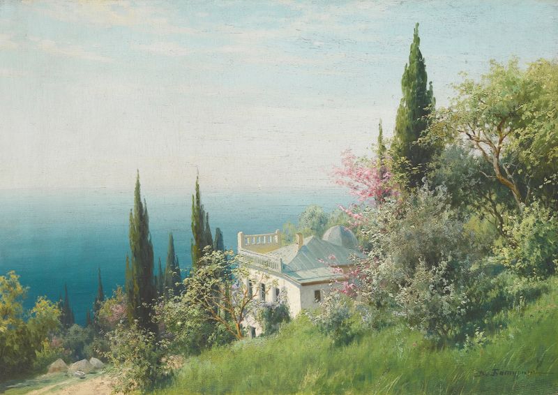 Crimean Landscape de Viktor Baturin, pintura al óleo que representa suaves colinas y luz.
