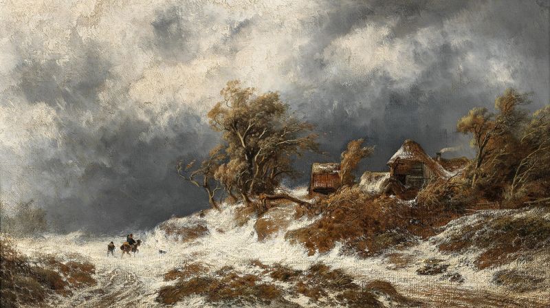 Returning Home in a Winter Landscape by Remigius Adrianus van Haanen, oil painting featuring a figure in snow.